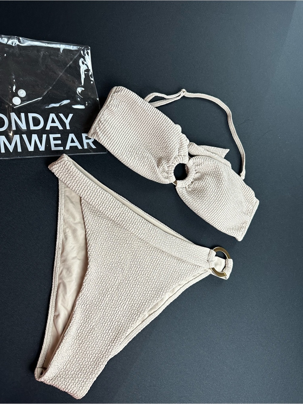 Monday Swimwear Crinkle Tan Bikini Top M Bottom L Ring Detail - Picture 2 of 13
